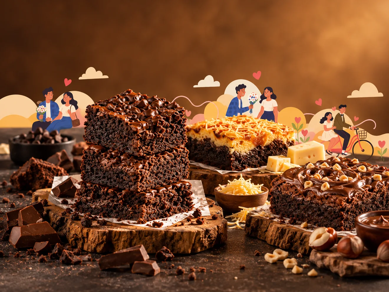 Pilihan brownies cokelat dan keju dengan ilustrasi pasangan bernuansa nostalgia