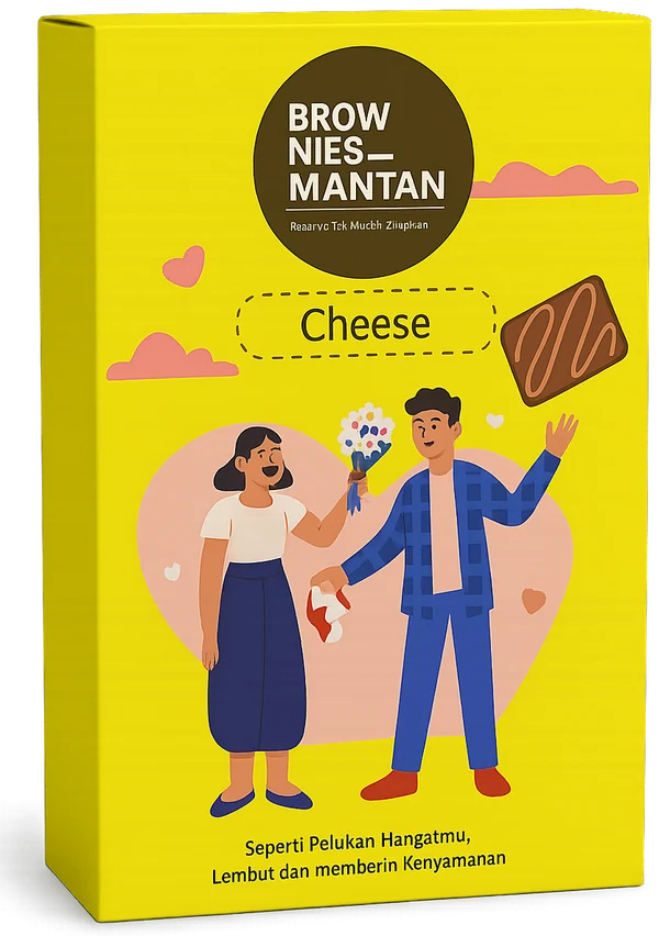 Kemasan Brownies Mantan Cheese berwarna kuning cerah dengan ilustrasi pasangan