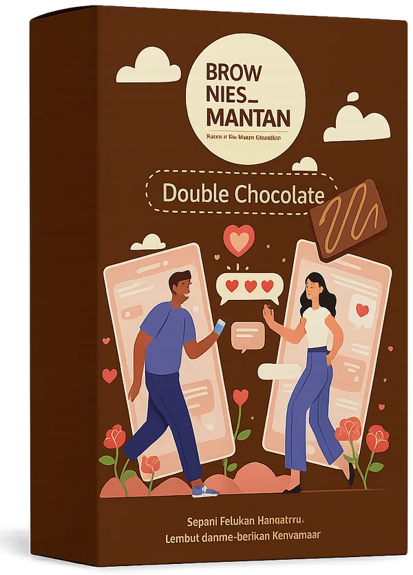 Kemasan Brownies Mantan varian Double Chocolate berwarna cokelat dengan ilustrasi pasangan
